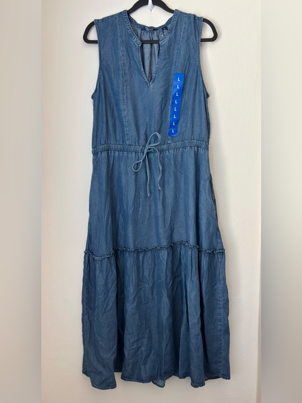 Lands’ End Chambray Lyocell Midi Dress Size Large NEW Blue Summer Travel Casual